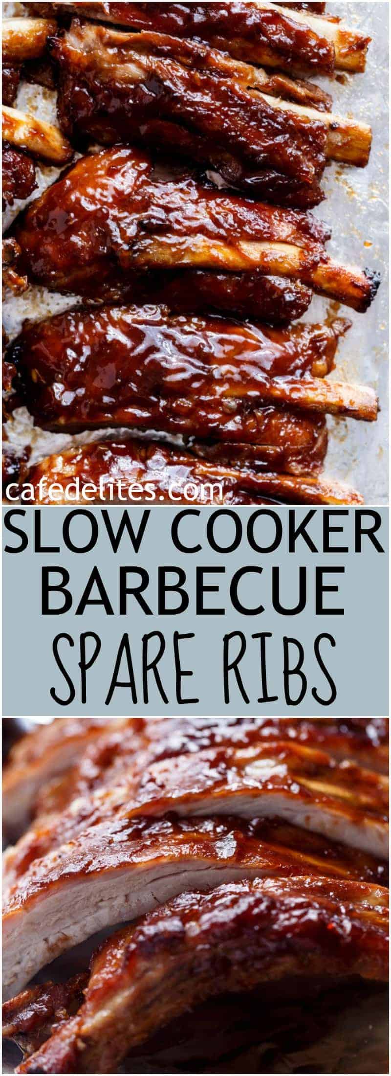 Easy Slow Cooker Barbecue Spare Ribs are melt-in-your-mouth incredible! Let your slow cooker do all the work and come home to sticky, fall apart ribs! | https://cafedelites.com