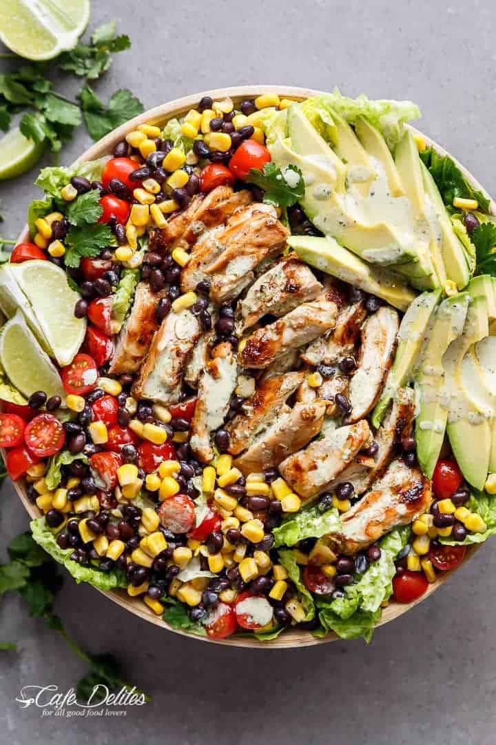 A Chili Lime Southwestern Chicken Salad with a low fat and CREAMY Cilantro Chili Lime Dressing that doubles as a marinade! | https://cafedelites.com