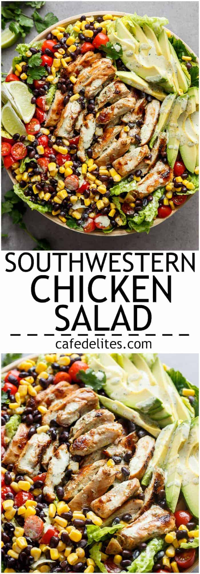 A Chili Lime Southwestern Chicken Salad with a low fat and CREAMY Cilantro Chili Lime Dressing that doubles as a marinade! | https://cafedelites.com