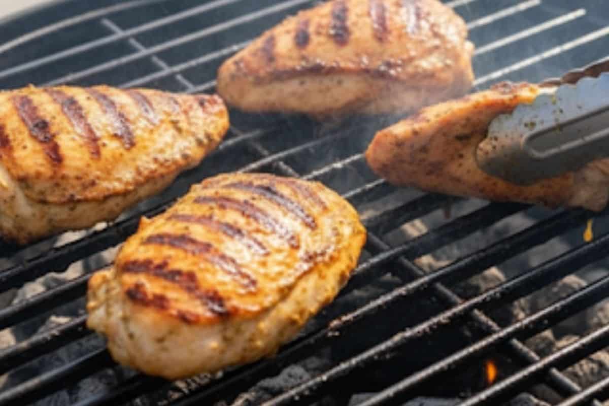Grill chicken in batches until golden, crispy, and cooked through.