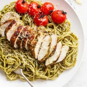 Basil Pesto Chicken Spaghetti on a plate