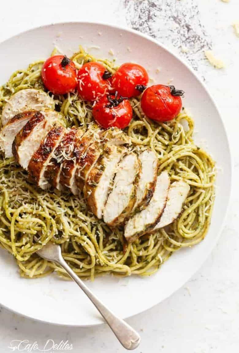 Basil Pesto Chicken Spaghetti is packed with flavour and comes together so quickly. It's sure to become a week-night favourite! | http://cafedelites.com