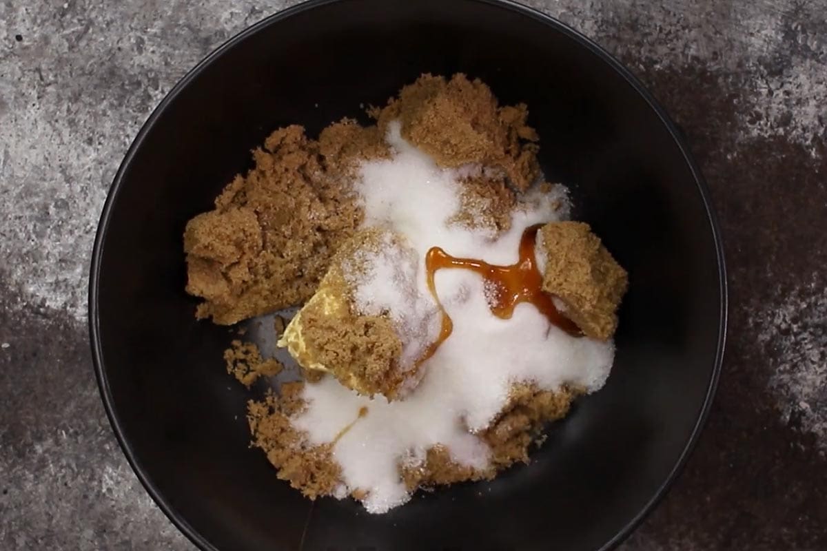 Butter, sugars, and vanilla in a separate bowl. - 5