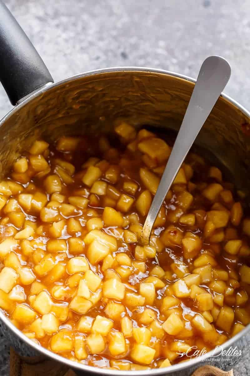 Churro Apple Pie Bowls + Caramel Sauce | https://cafedelites.com