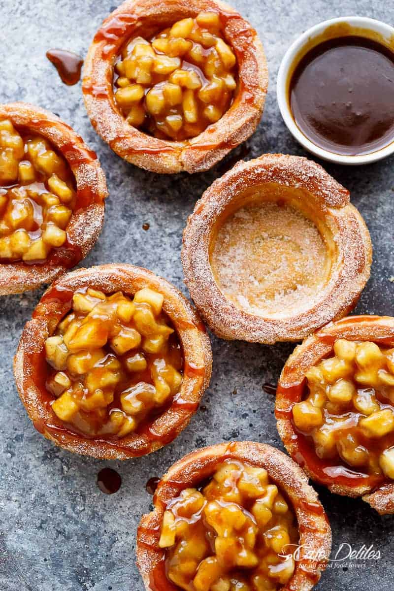 Churro Apple Pie Bowls + Caramel Sauce | https://cafedelites.com