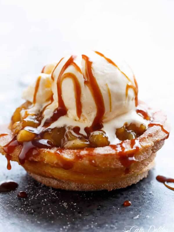 Churro Apple Pie Bowls + Caramel Sauce with ice cream scoop