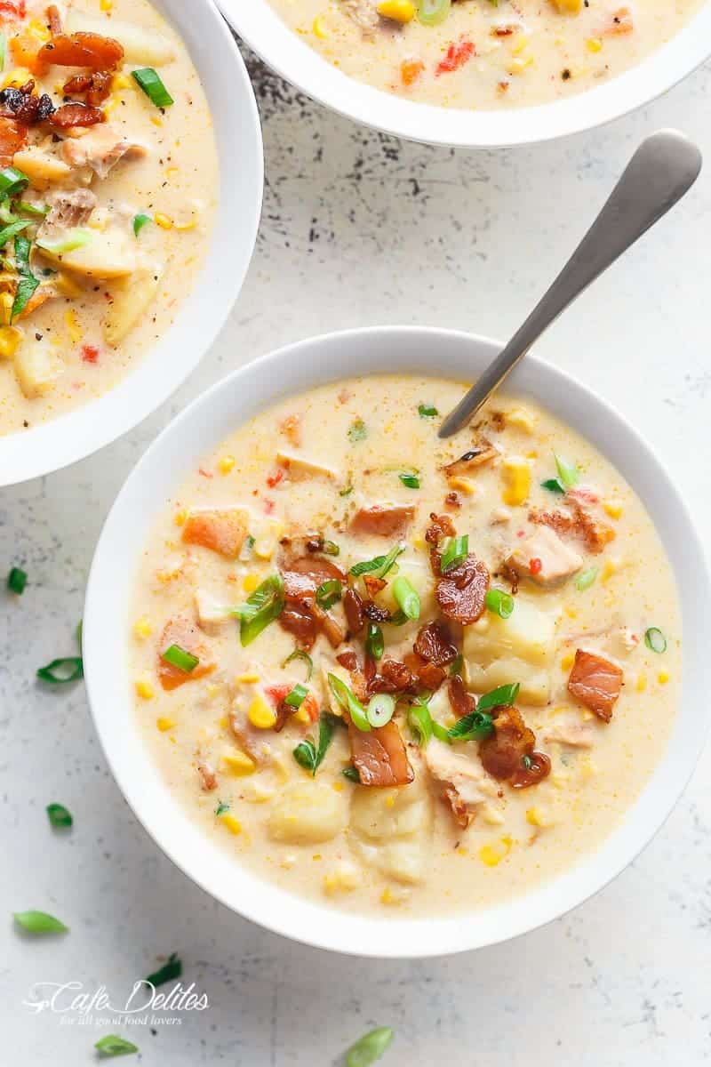 A Slow Cooker Chicken Potato Corn Chowder with crispy bacon pieces and mozzarella cheese! As simple as throwing ingredients into a slow cooker and letting it cook for you! (No Cream and Dairy Free Options!) | https://cafedelites.com