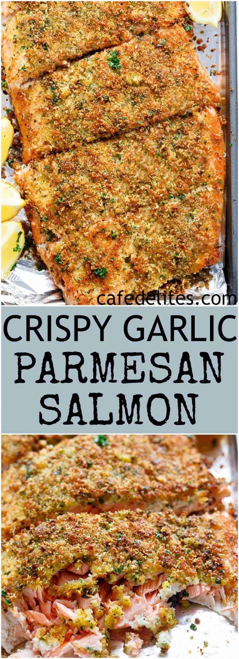 Crispy Garlic Parmesan Salmon is ready and on your table in less than 15 minutes, with a 5-ingredient crispy top! Restaurant quality salmon right at home! | https://cafedelites.com