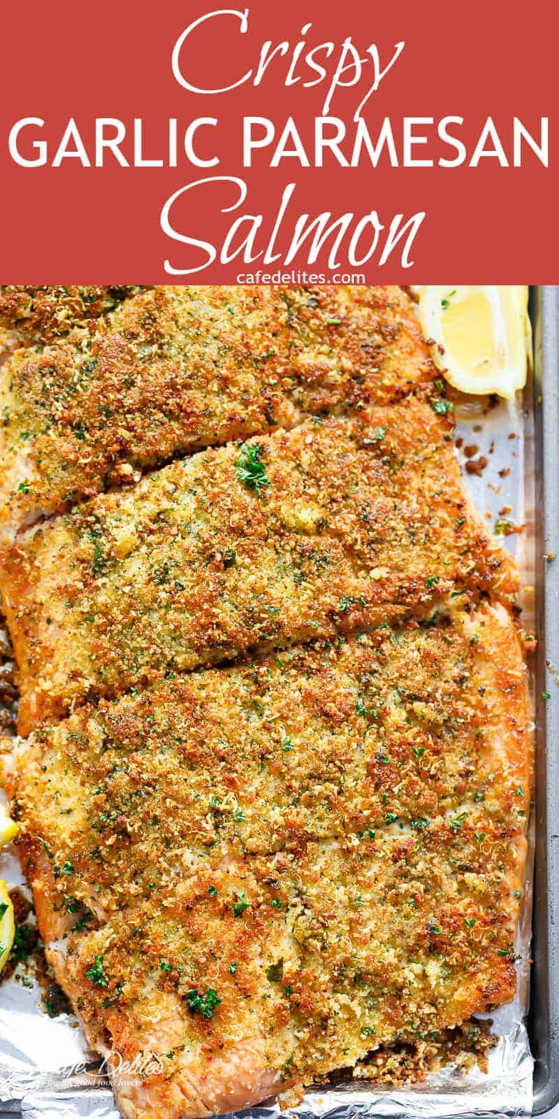 Crispy Garlic Parmesan Salmon is ready and on your table in less than 15 minutes, with a 5-ingredient crispy top! Restaurant quality salmon right at home! | https://cafedelites.com