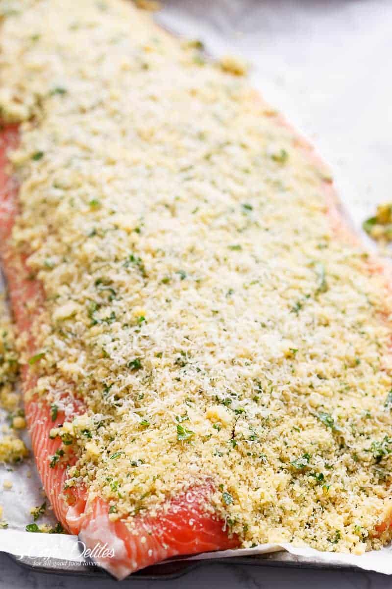 Restaurant quality roasted salmon at home with a 5-ingredient crispy crumb top! 