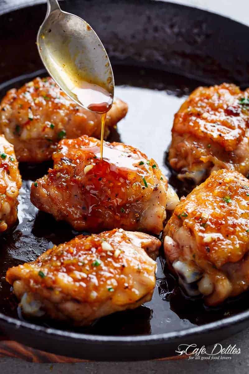 Sticky and Easy Honey Garlic Chicken made simple, with the most amazing 5-ingredient honey garlic sauce that is so good you’ll want it on everything! | https://cafedelites.com