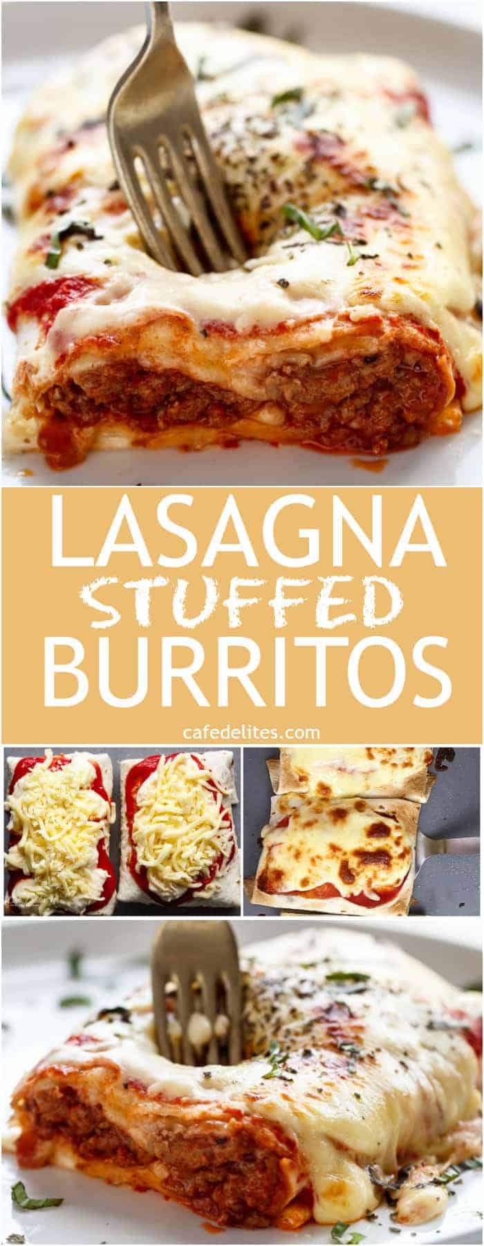 These Easy Lasagna Stuffed Burritos are a family favourite! Stuffed with lasagna meat sauce, lasagna flavours, and plenty of melted mozzarella cheese! | https://cafedelites.com