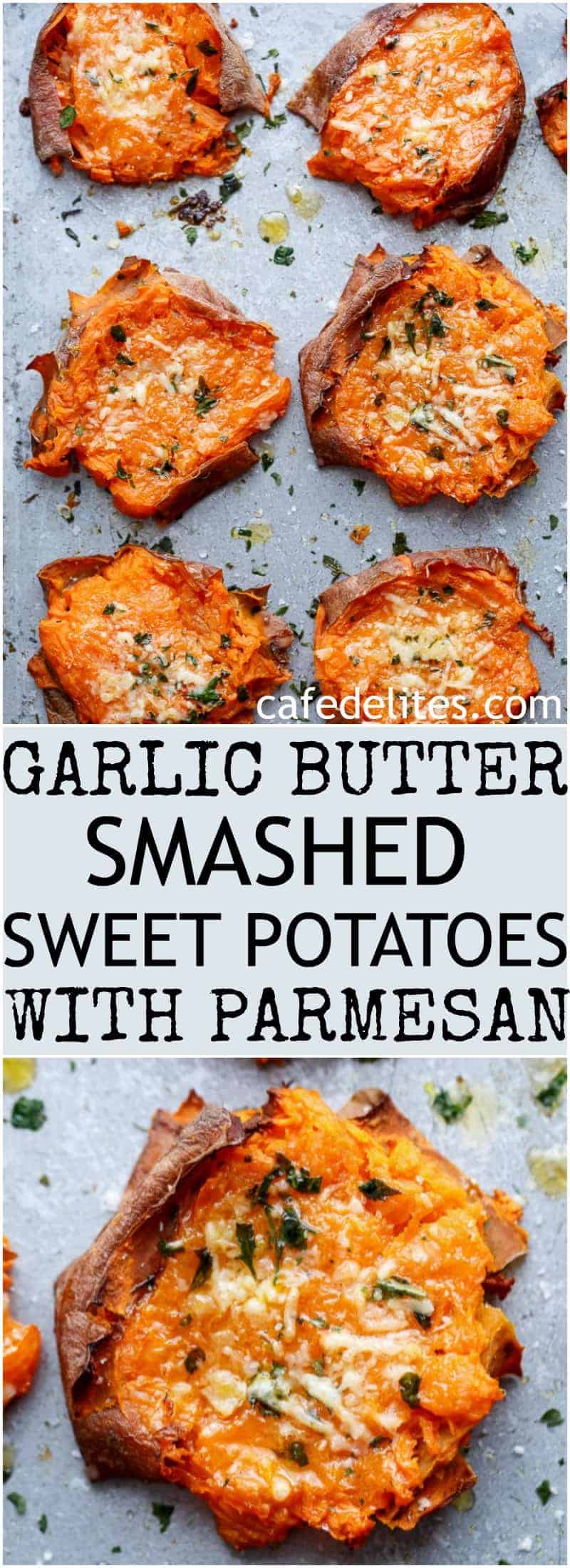 Garlic Butter Smashed Sweet Potatoes With Parmesan Cheese are crispy and buttery on the outside, while soft and sweet on the inside, making way for one of the best ways to eat a sweet potato! | https://cafedelites.com