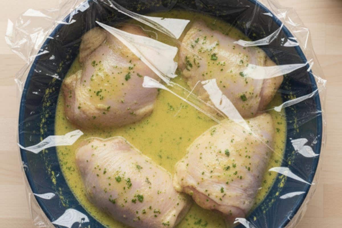 Chicken coated with marinade in a shallow dish with plastic cover.