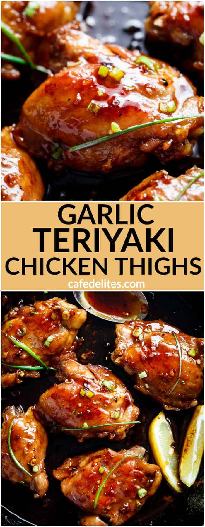 Garlic Teriyaki Chicken Thighs are cooked right on the stove without needing an oven! Better than any store bought teriyaki, this recipe is a family favourite! | https://cafedelites.com