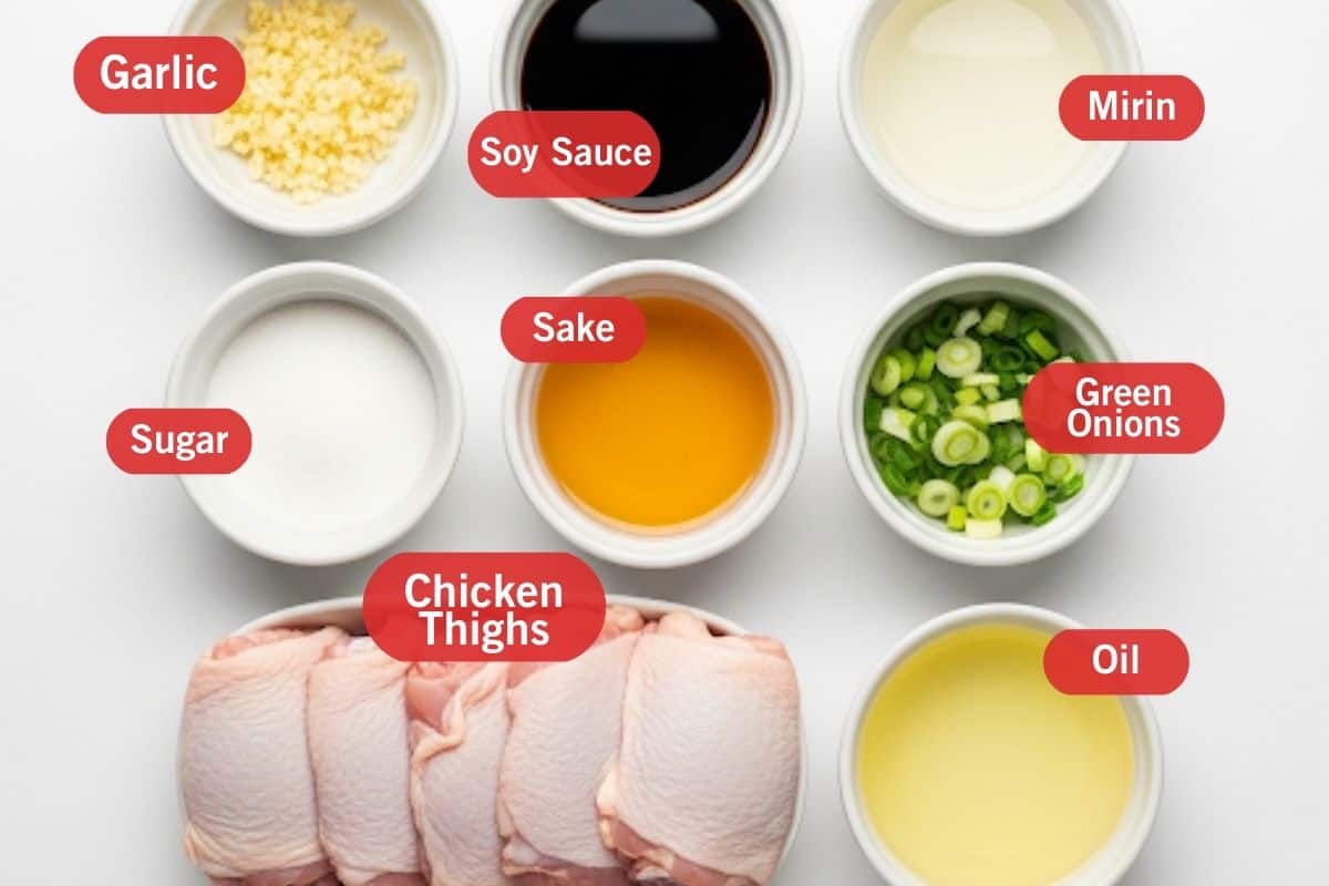 Flat lay ingredient photo of garlic, soy sauce, mirin, sugar, sake, green onions, chicken thighs, oil 