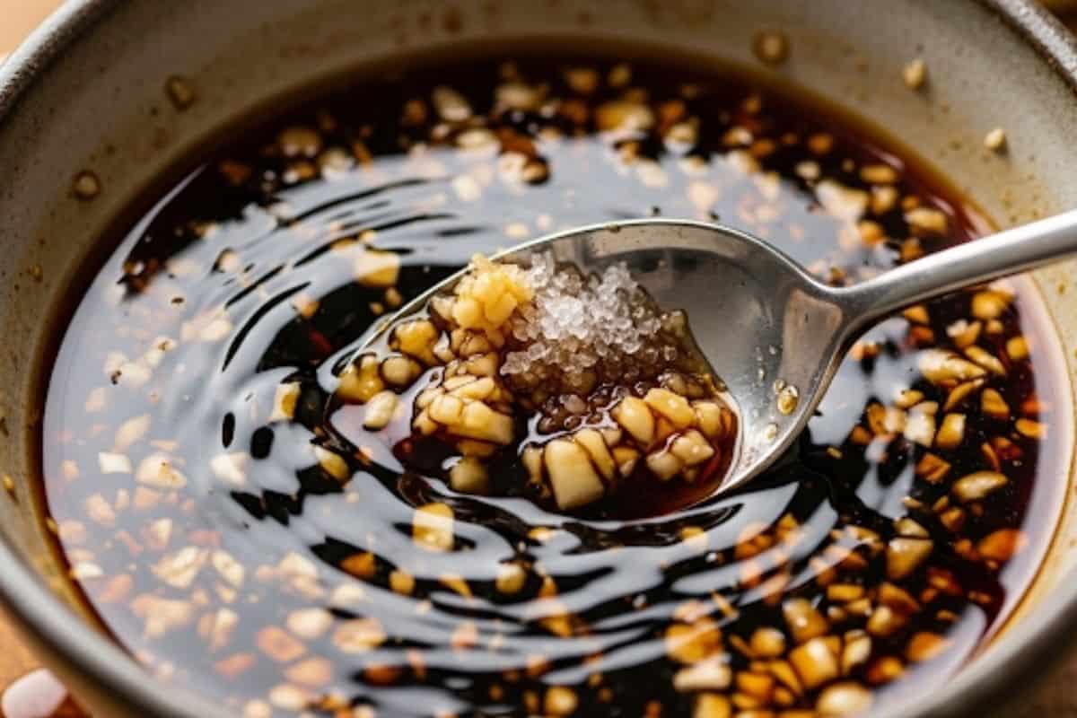 Combine crushed garlic, soy sauce, mirin, sake and sugar in a bowl. Stir everything until fully dissolves.
