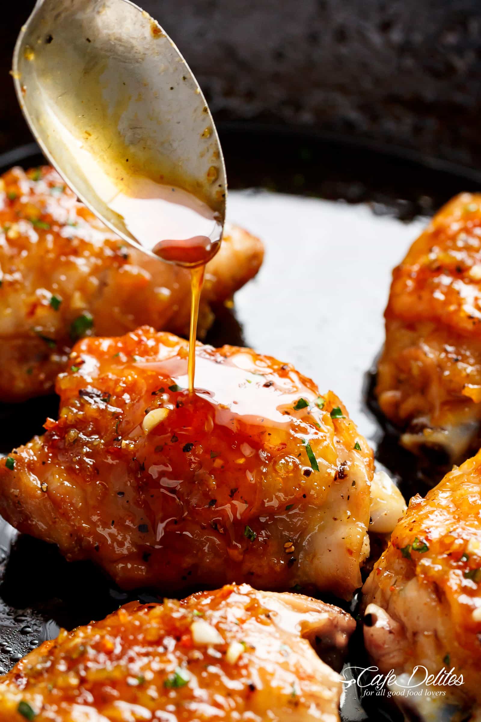 Sticky and Easy Honey Garlic Chicken is so easy to make using chicken thighs or breasts. Plus the best honey garlic sauce! | cafedelites.com