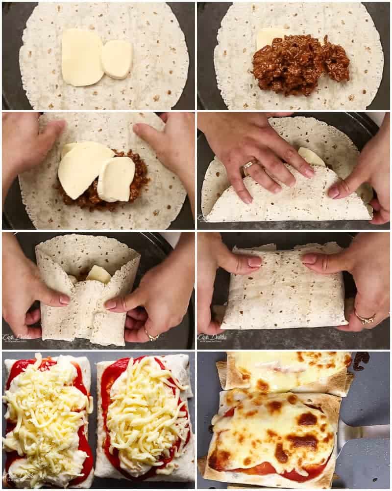 These Easy Lasagna Stuffed Burritos are a family favourite! Stuffed with lasagna meat sauce, lasagna flavours, and plenty of melted mozzarella cheese! | https://cafedelites.com