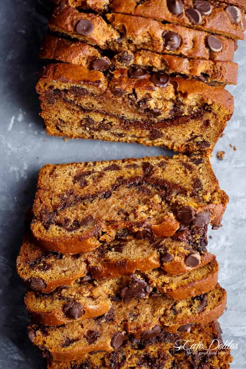 Nutella Pumpkin Chocolate Chip Bread | https://cafedelites.com