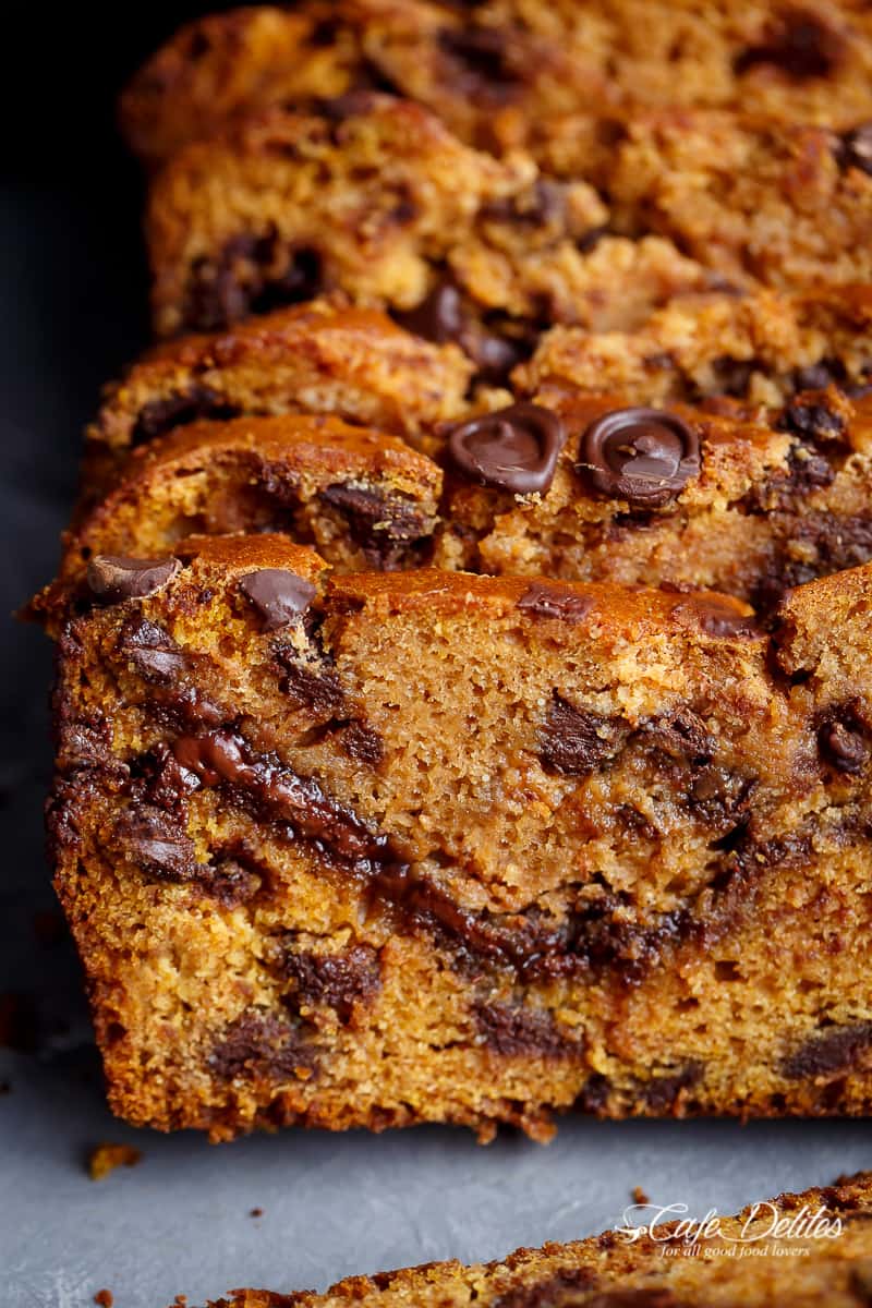 One Bowl Nutella Pumpkin Chocolate Chip Bread is filled with fall flavours and melt in your mouth chocolate chips! With just a handful of ingredients, this is THE bread of the season the whole family will love! | https://cafedelites.com