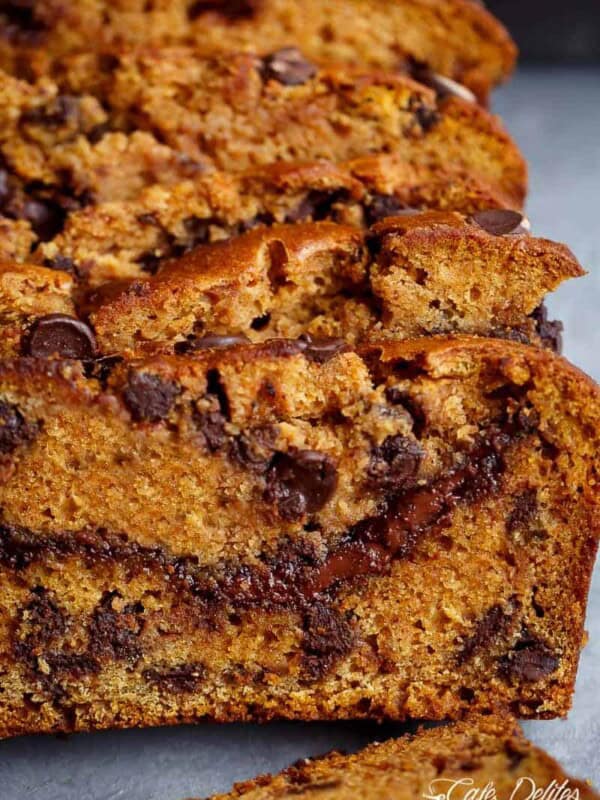 One Bowl Nutella Pumpkin Chocolate Chip Bread is filled with fall flavours and melt in your mouth chocolate chips!