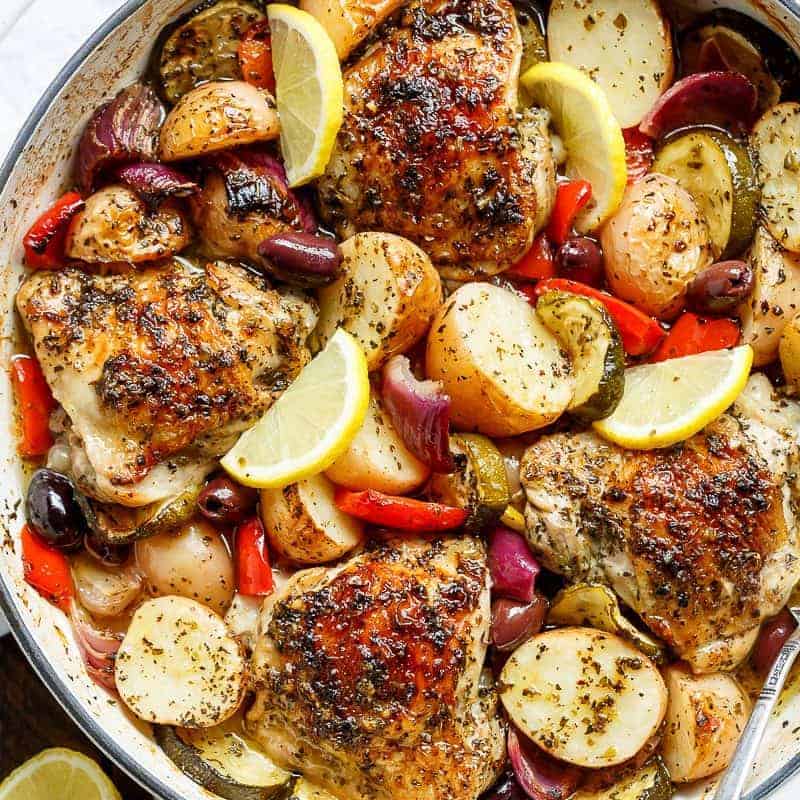 Garlic Lemon Herb Mediterranean Chicken + Potatoes (One Pan) - Cafe Delites