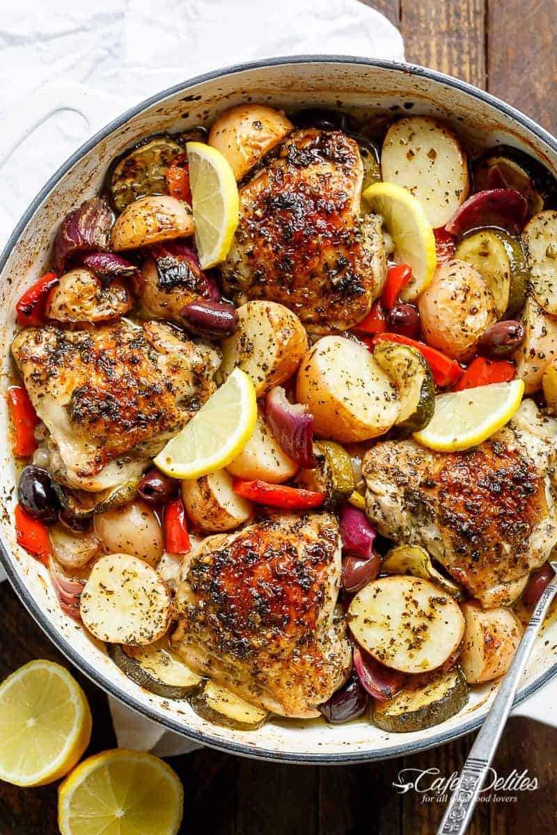 Garlic Lemon Herb Mediterranean Chicken And Potatoes, all made in the ONE PAN for an easy weeknight dinner the whole family will love! | https://cafedelites.com