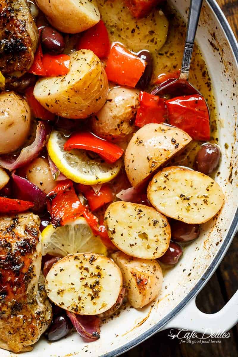 Garlic Lemon Herb Mediterranean Chicken And Potatoes, all made in the ONE PAN for an easy weeknight dinner the whole family will love! | https://cafedelites.com