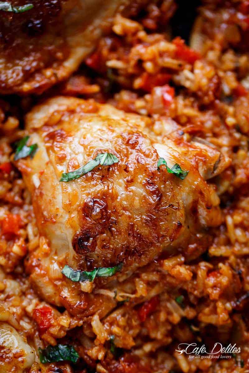 One Pan Tomato Basil Chicken & Rice | https://cafedelites.com