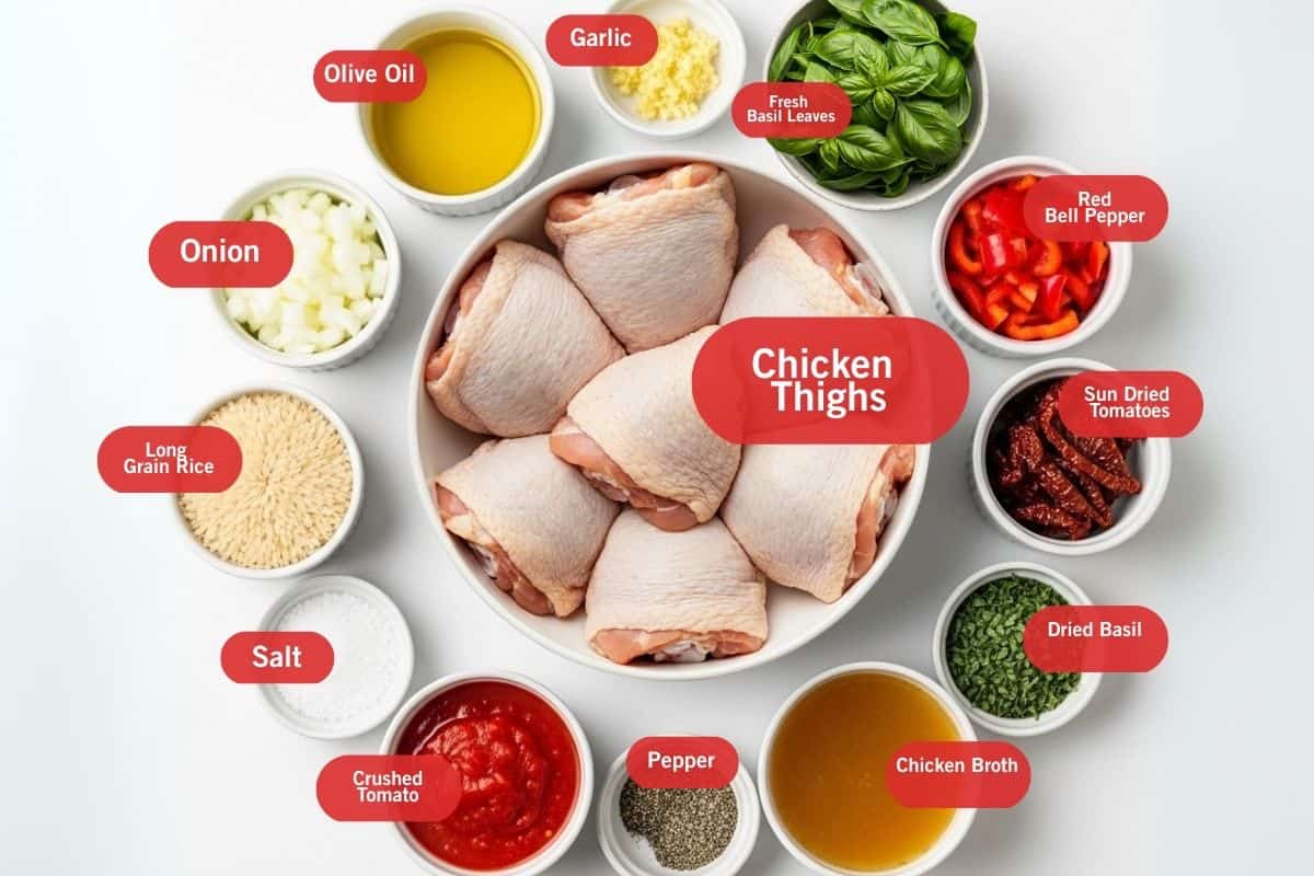 Flat lay photo of fresh basil leaves, red bell pepper, sun dried tomatoes, dried basil, chicken broth, pepper, crushed tomatoes, salt, long grain rice, onion, olive oil, garlic, chicken thighs