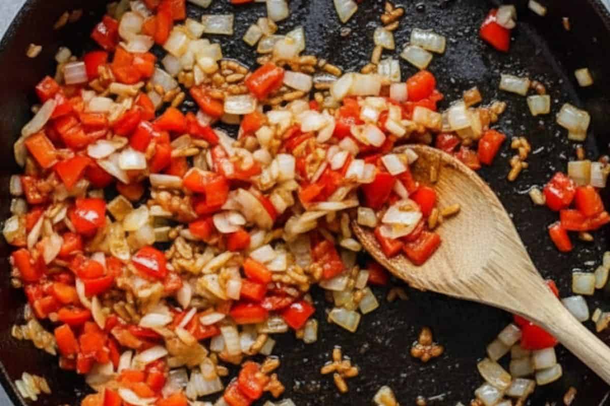 Stir in the garlic, onion and red bell pepper and cook for 3 minutes in the pan.