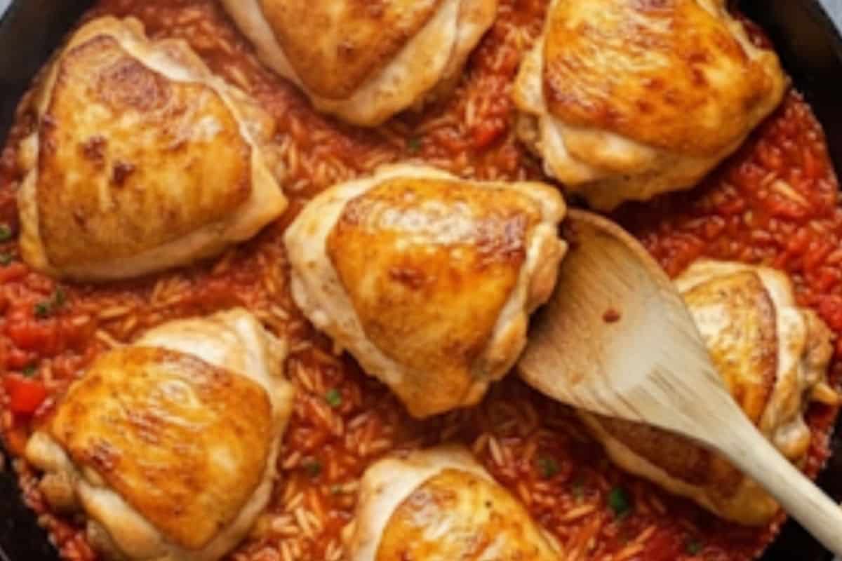Place the chicken thighs skin side up into the rice.