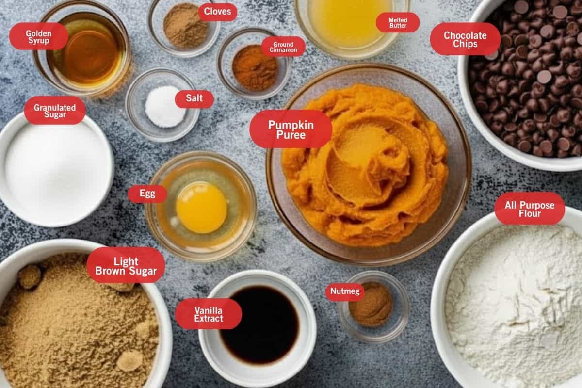 Flat lay photo of ingredient shot of golden syrup, cloves, ground cinnamon, salt, granulated sugar, light brown sugar, vanilla extract, nutmeg, pumpkin puree, all purpose flour, chocolate chips