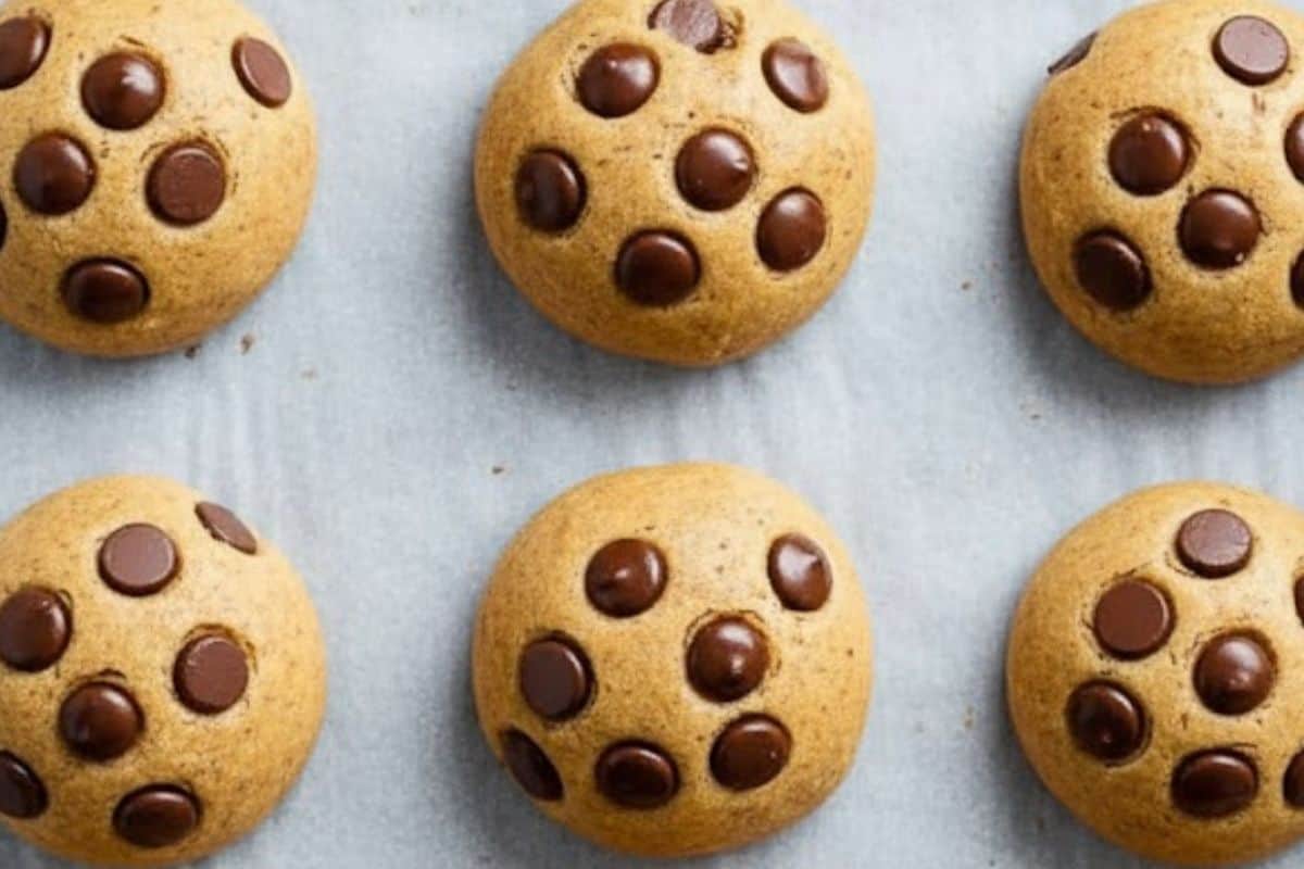 Using a cookie scoop, portion 1 ½ tablespoons of dough onto a baking sheet. Lightly flatten each cookie and press the remaining chocolate chips on top.