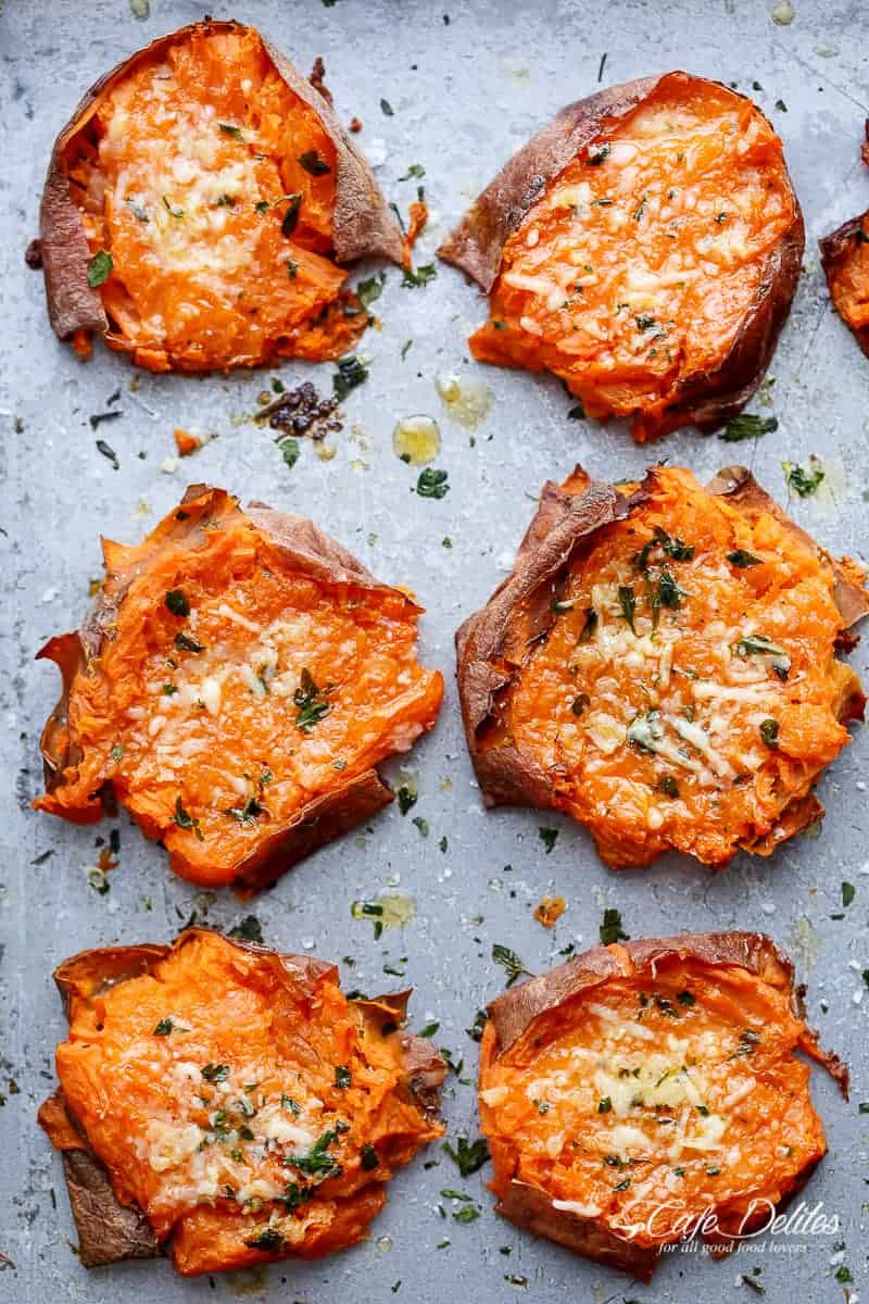 Garlic Butter Smashed Sweet Potatoes With Parmesan Cheese are crispy and buttery on the ou Garlic Butter Smashed Sweet Potatoes With Parmesan