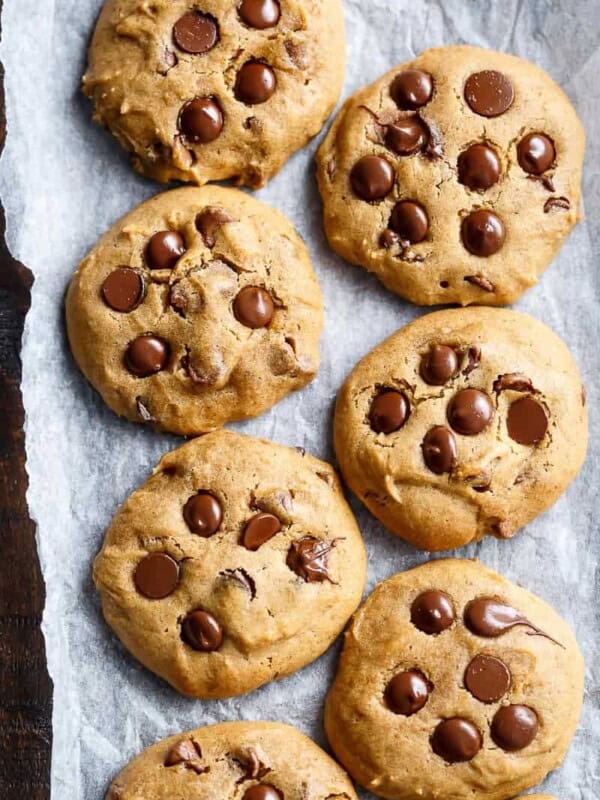 Soft Pumpkin Chocolate Chip Cookies on a baking tray