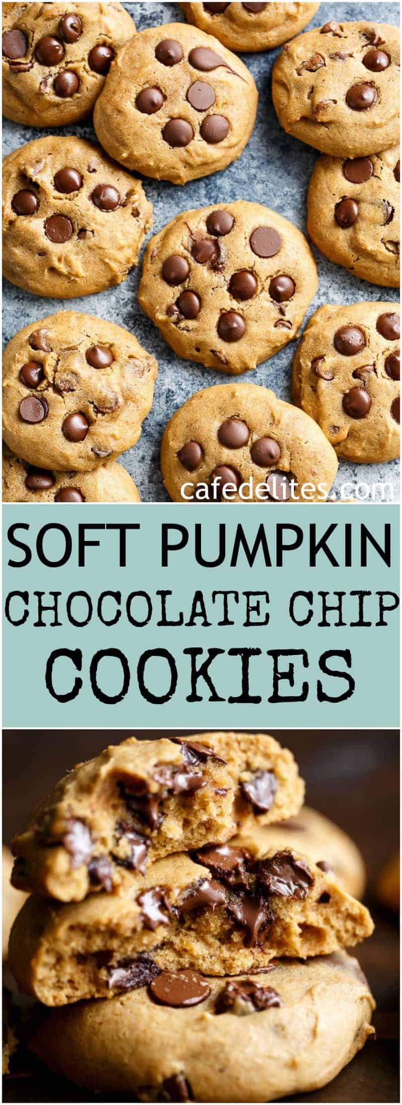 Soft Pumpkin Chocolate Chip Cookies are crispy on the edges and soft and chewy in the centre! The perfect cookie for the season! | https://cafedelites.com