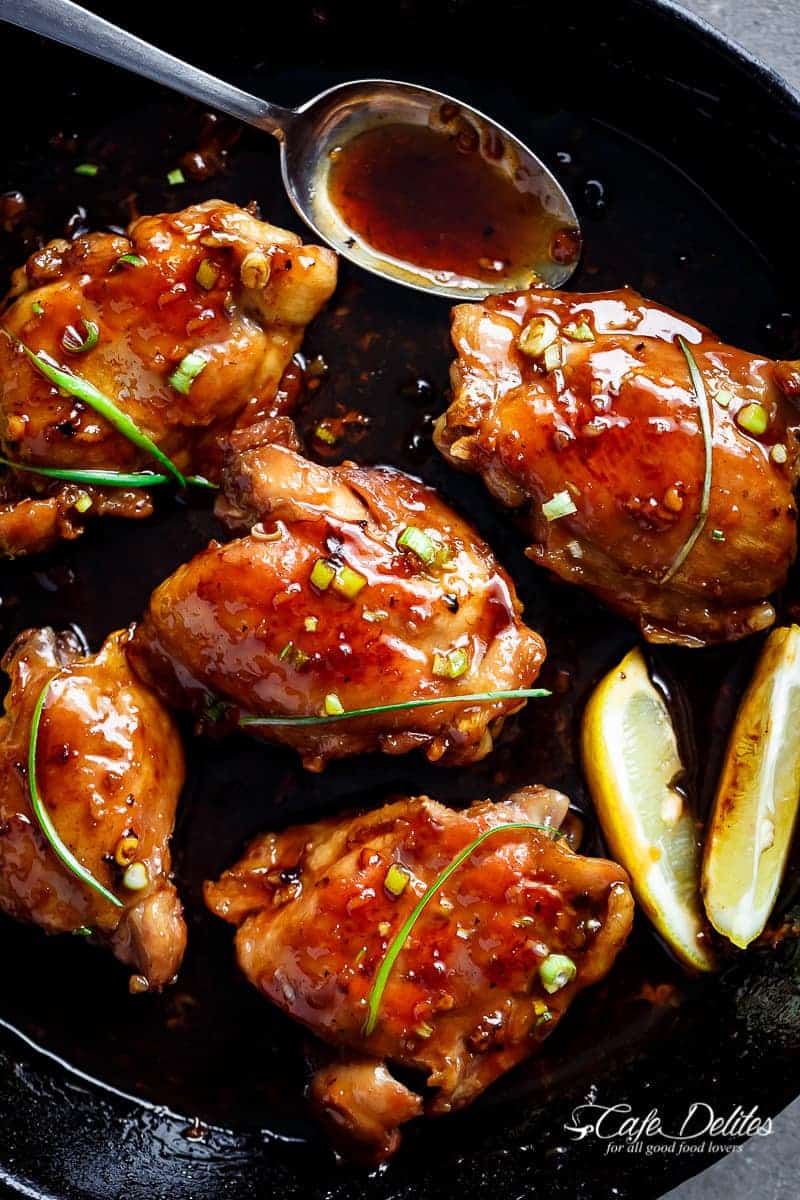 Skillet Teriyaki Chicken Thighs are cooked right on the stove without needing an oven Garlic Teriyaki Chicken Thighs