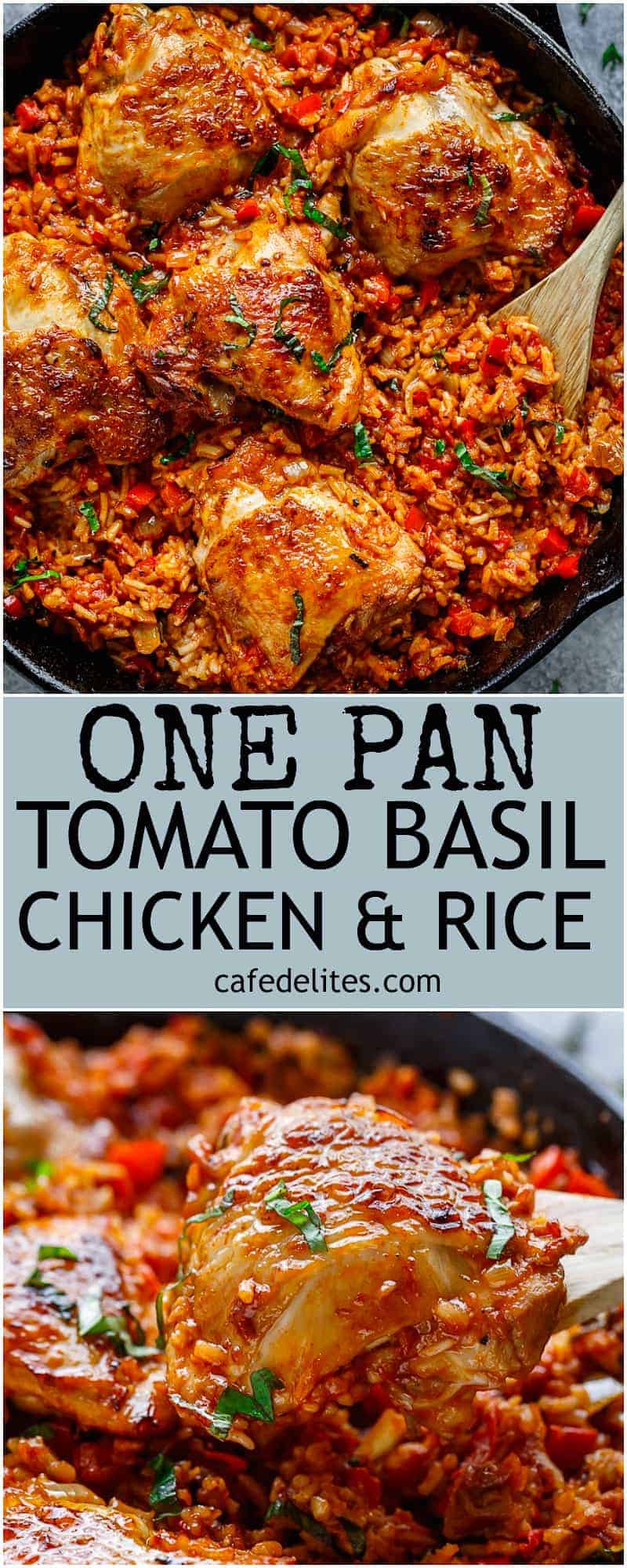 Crispy chicken bakes over a bed of tomato basil rice in this One Pan Tomato Basil Chicken & Rice. Dinner is ready in 45 minutes! All made in one pan | https://cafedelites.com