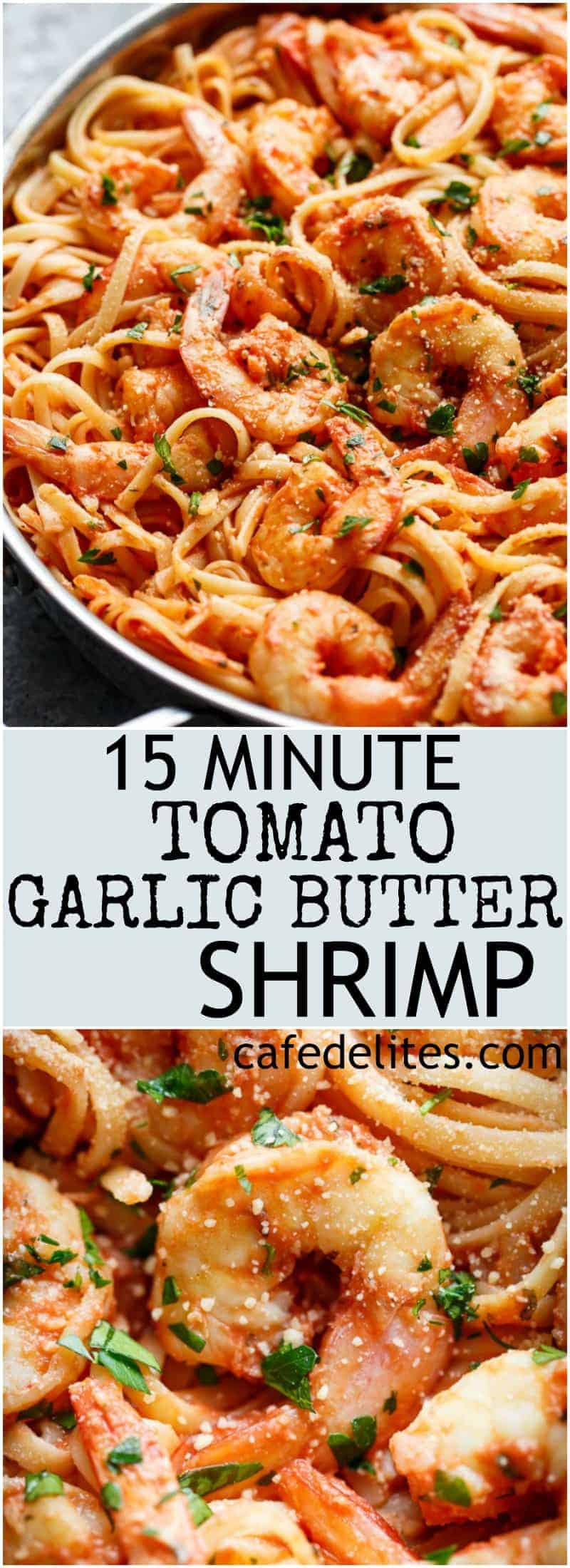 Pasta gets a delicious make over with this 15-Minute Creamy Tomato Garlic Butter Shrimp! A quick and easy flavourful dinner in minutes! | https://cafedelites.com