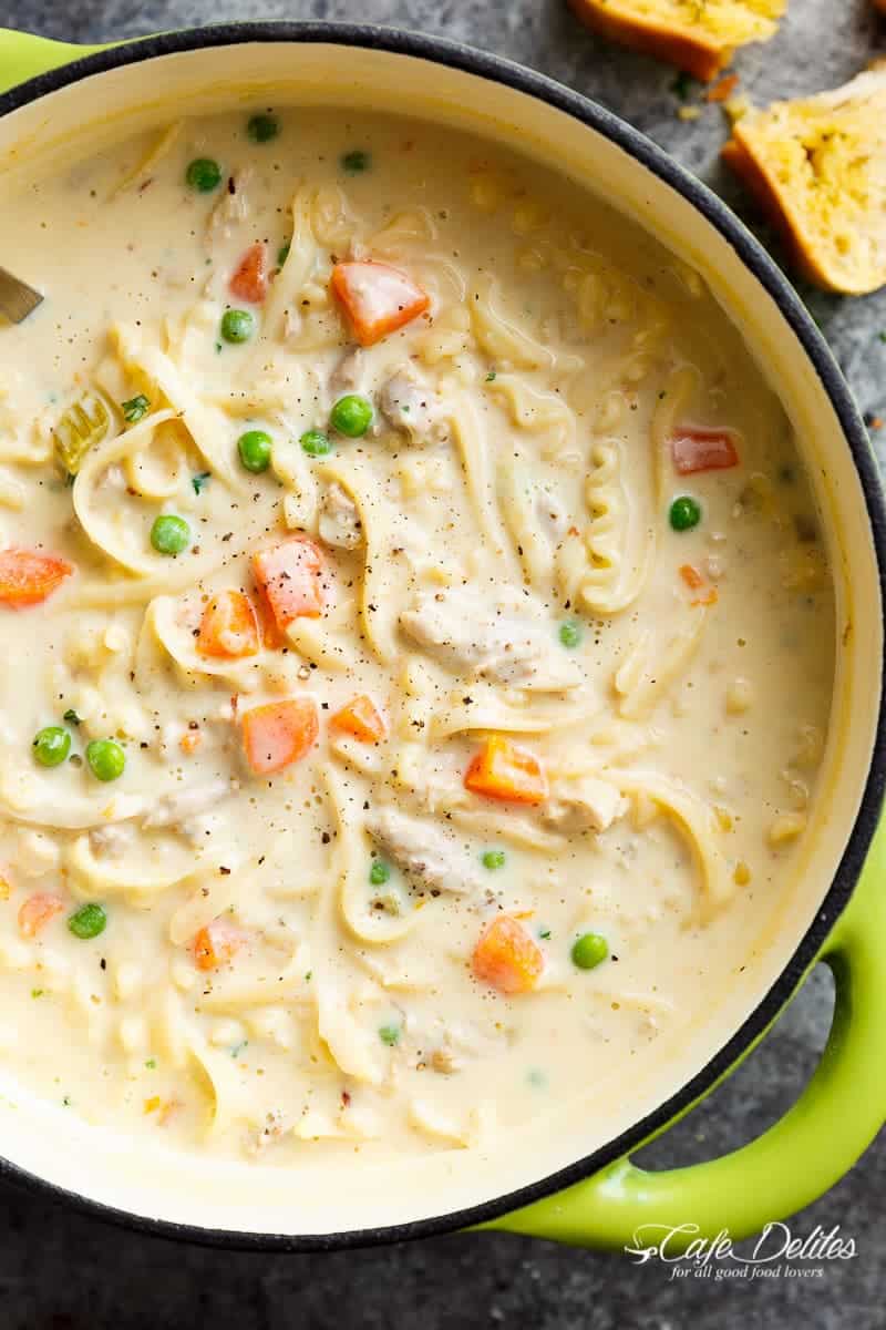Creamy Chicken Noodle Soup | https://cafedelites.com