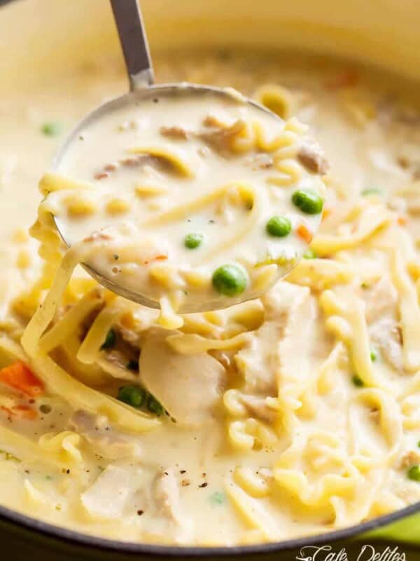 Super creamy Chicken Noodle Soup in a ladle from the bowl