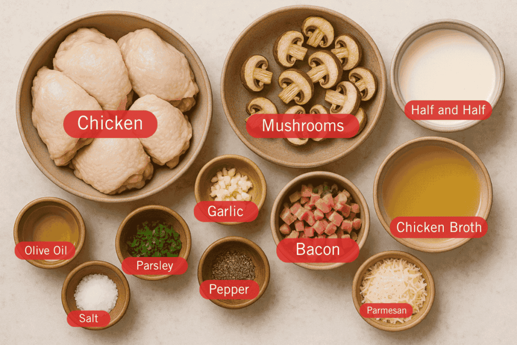 Labeled flatlay image of ingredients for Creamy Garlic Parmesan Chicken, arranged in individual bowls on a light background. Ingredients include chicken thighs, sliced mushrooms, half and half, chicken broth, diced bacon, grated parmesan, minced garlic, chopped parsley, olive oil, salt, and black pepper.