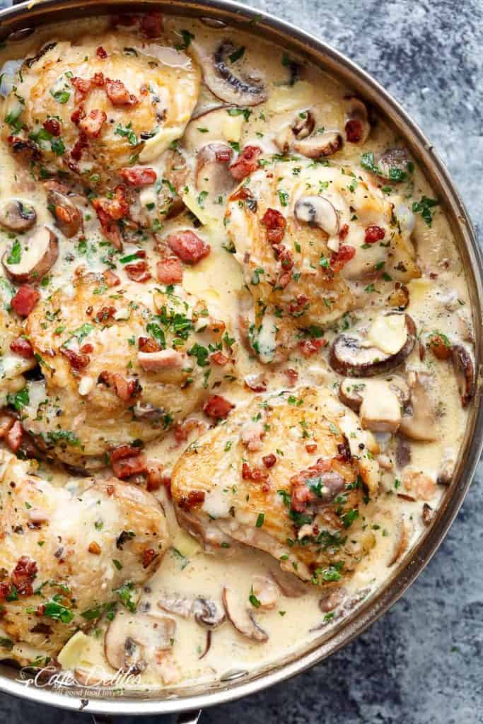 Creamy Garlic Parmesan Mushroom Chicken & Bacon in a pan - 11