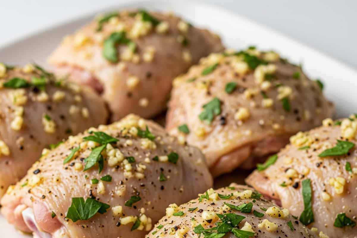 Chicken thighs on a plate coated with mixture.