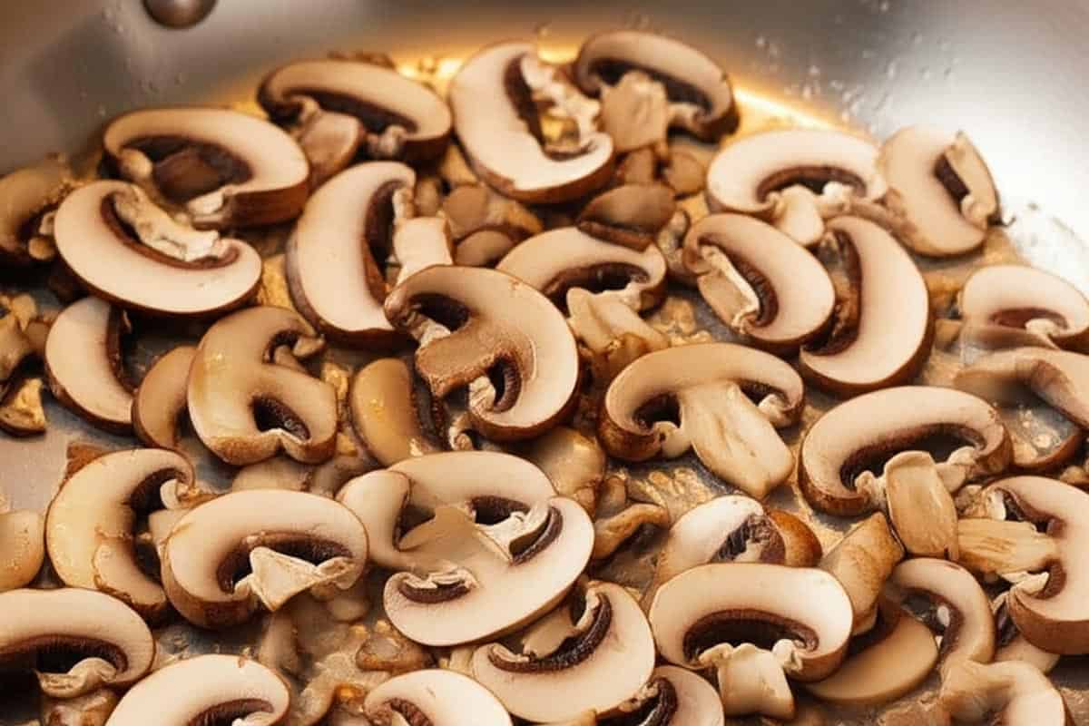 sliced mushrooms with bacon in a skillet.