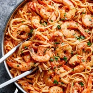 Creamy Tomato Garlic Butter Shrimp in a pan