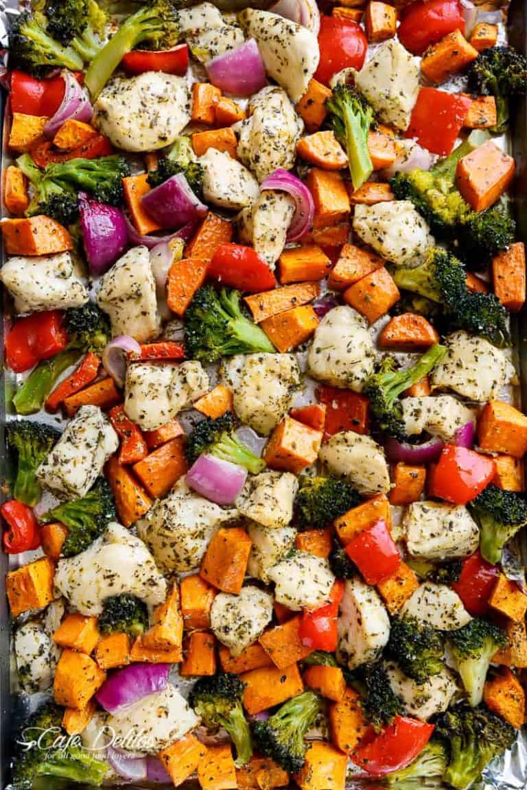 Garlic Herb Chicken & Sweet Potato Sheet Pan Meal Prep - Cafe Delites