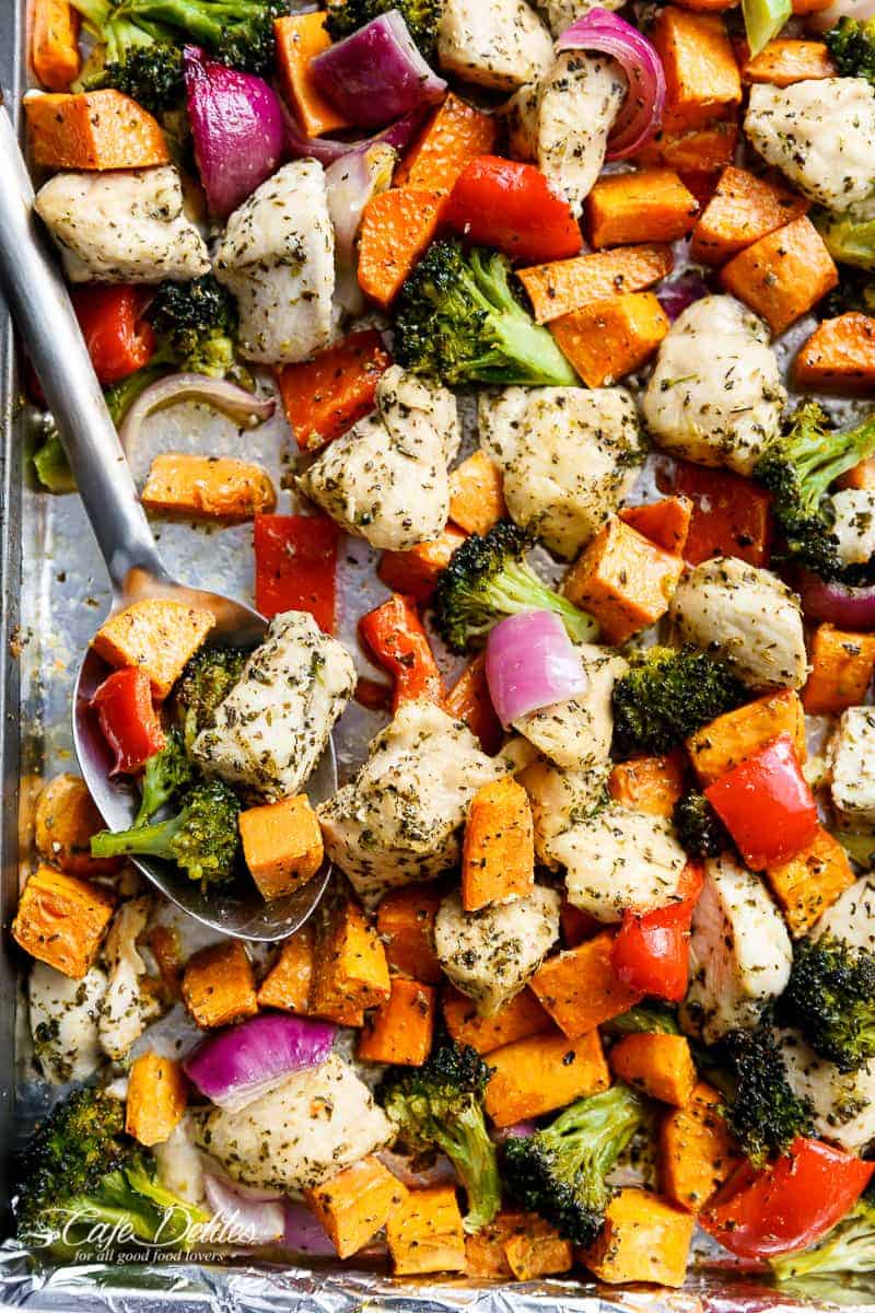 Garlic Herb Chicken & Sweet Potato Sheet Pan Meal Prep - Cafe Delites